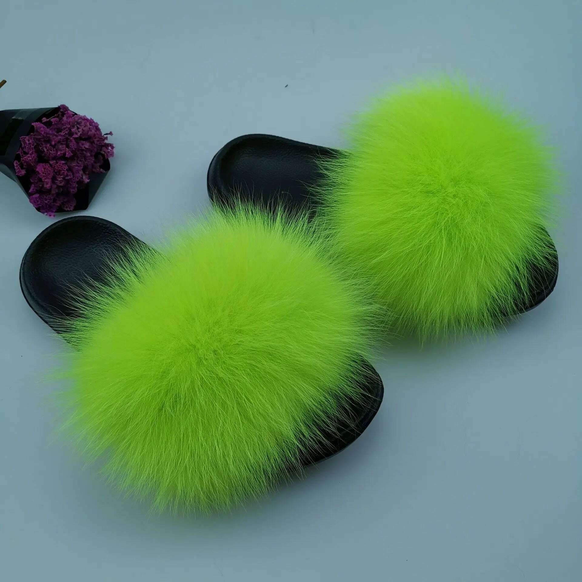 KIMLUD, Fluffy Raccoon Fur Slippers Shoes Women Fur Flip Flop Flat Furry Fur Slides Outdoor Sandals  Fuzzy Slippers Woman Amazing Shoes, KIMLUD Womens Clothes