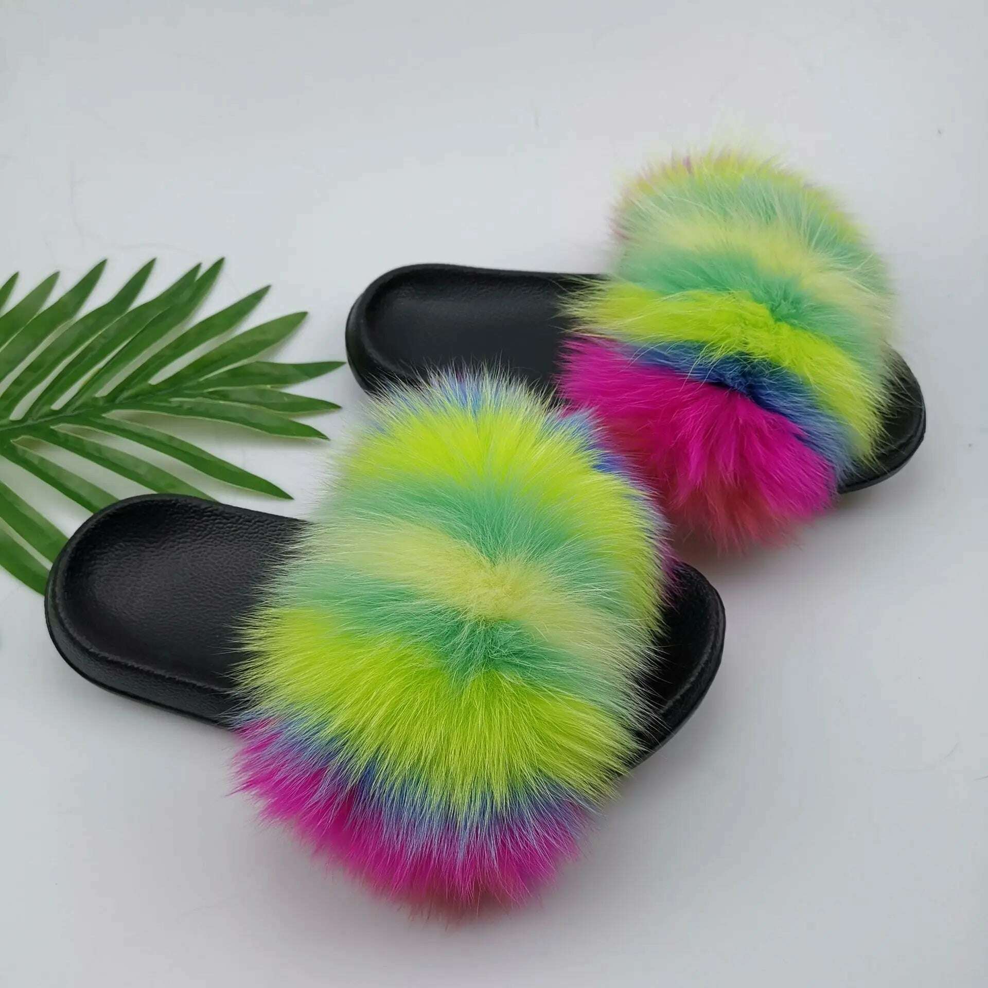 KIMLUD, Fluffy Raccoon Fur Slippers Shoes Women Fur Flip Flop Flat Furry Fur Slides Outdoor Sandals  Fuzzy Slippers Woman Amazing Shoes, mixed color B / 11, KIMLUD APPAREL - Womens Clothes