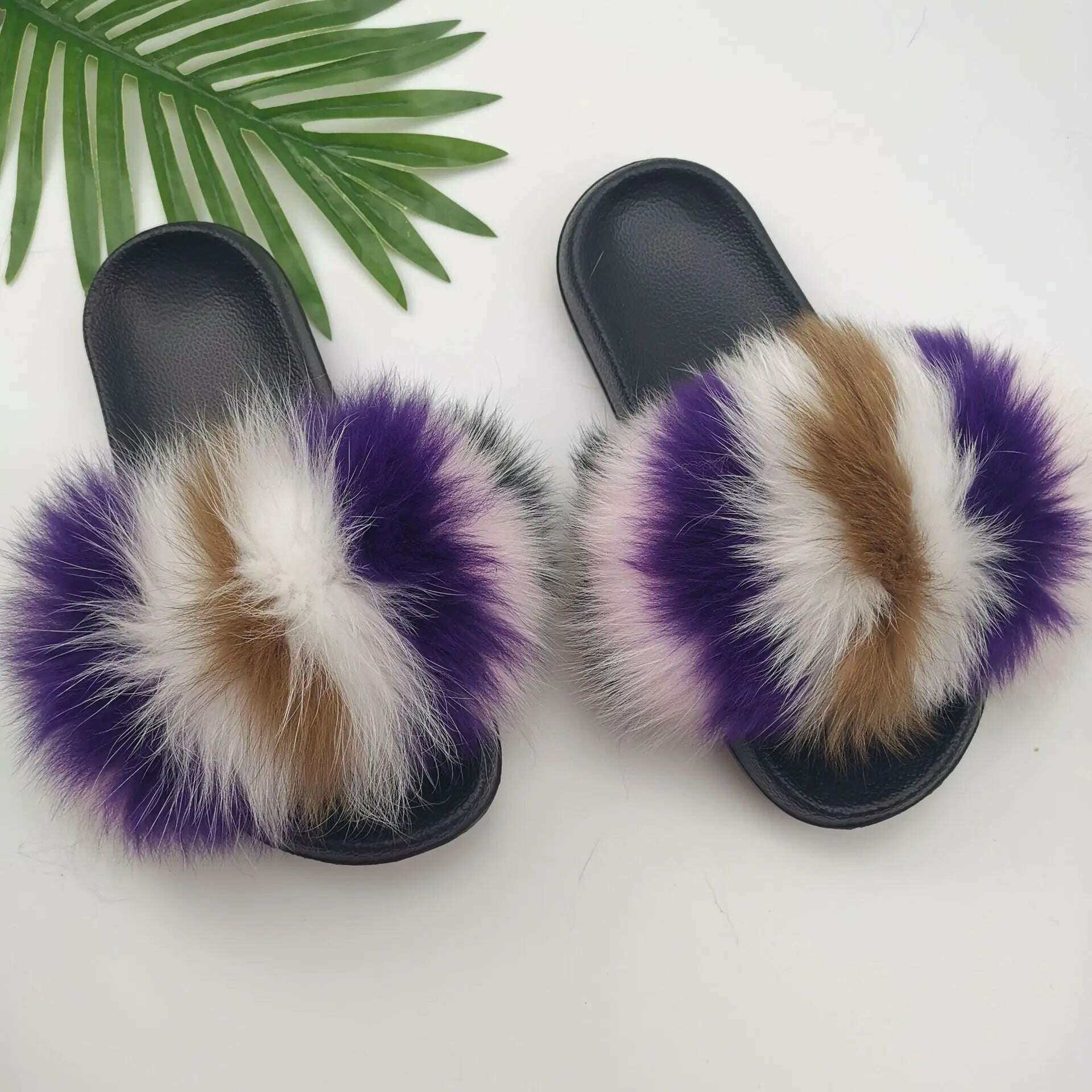 KIMLUD, Fluffy Raccoon Fur Slippers Shoes Women Fur Flip Flop Flat Furry Fur Slides Outdoor Sandals  Fuzzy Slippers Woman Amazing Shoes, KIMLUD Womens Clothes