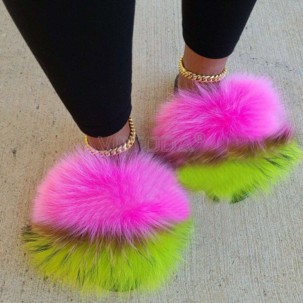 KIMLUD, Fluffy Raccoon Fur Slippers Shoes Women Fur Flip Flop Flat Furry Fur Slides Outdoor Sandals  Fuzzy Slippers Woman Amazing Shoes, mixed color E / 11, KIMLUD APPAREL - Womens Clothes