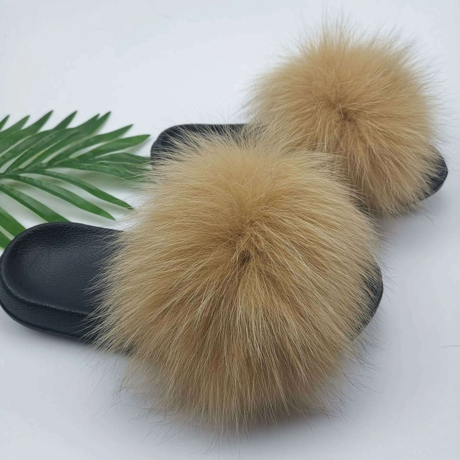 KIMLUD, Fluffy Raccoon Fur Slippers Shoes Women Fur Flip Flop Flat Furry Fur Slides Outdoor Sandals  Fuzzy Slippers Woman Amazing Shoes, Khaki / 5, KIMLUD APPAREL - Womens Clothes