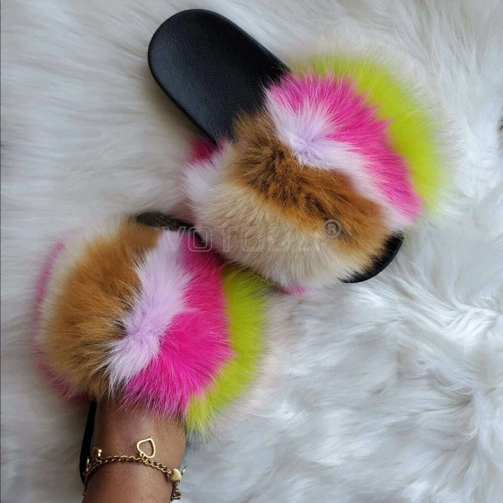 KIMLUD, Fluffy Raccoon Fur Slippers Shoes Women Fur Flip Flop Flat Furry Fur Slides Outdoor Sandals  Fuzzy Slippers Woman Amazing Shoes, KIMLUD Womens Clothes