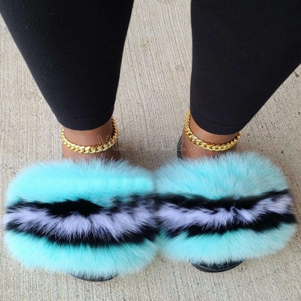 KIMLUD, Fluffy Raccoon Fur Slippers Shoes Women Fur Flip Flop Flat Furry Fur Slides Outdoor Sandals  Fuzzy Slippers Woman Amazing Shoes, KIMLUD Womens Clothes