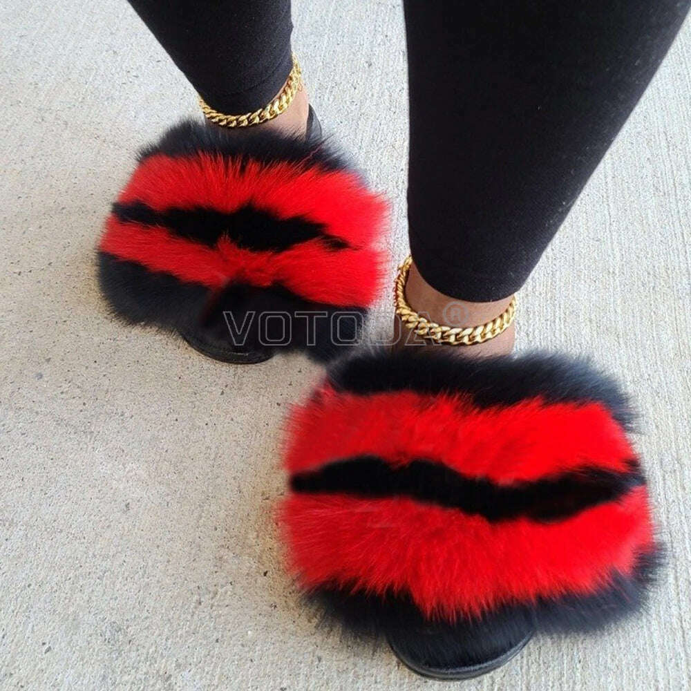 KIMLUD, Fluffy Raccoon Fur Slippers Shoes Women Fur Flip Flop Flat Furry Fur Slides Outdoor Sandals  Fuzzy Slippers Woman Amazing Shoes, KIMLUD Womens Clothes