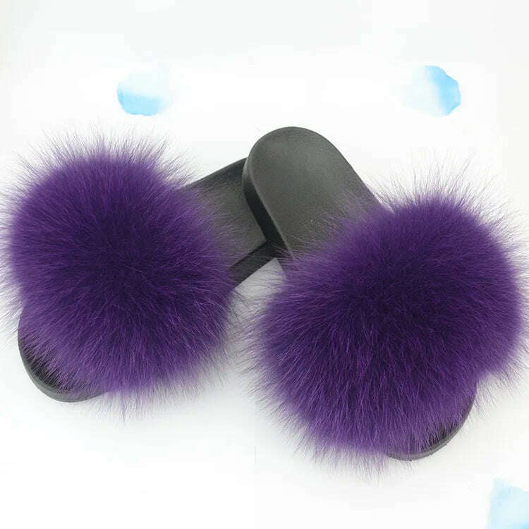 KIMLUD, Fluffy Raccoon Fur Slippers Shoes Women Fur Flip Flop Flat Furry Fur Slides Outdoor Sandals  Fuzzy Slippers Woman Amazing Shoes, KIMLUD Womens Clothes