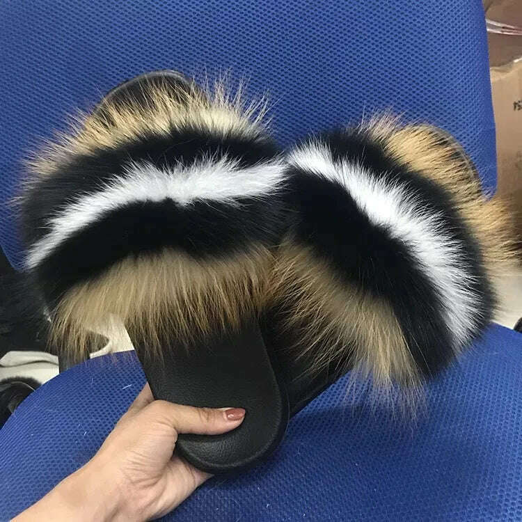 KIMLUD, Fluffy Raccoon Fur Slippers Shoes Women Fur Flip Flop Flat Furry Fur Slides Outdoor Sandals  Fuzzy Slippers Woman Amazing Shoes, KIMLUD Womens Clothes