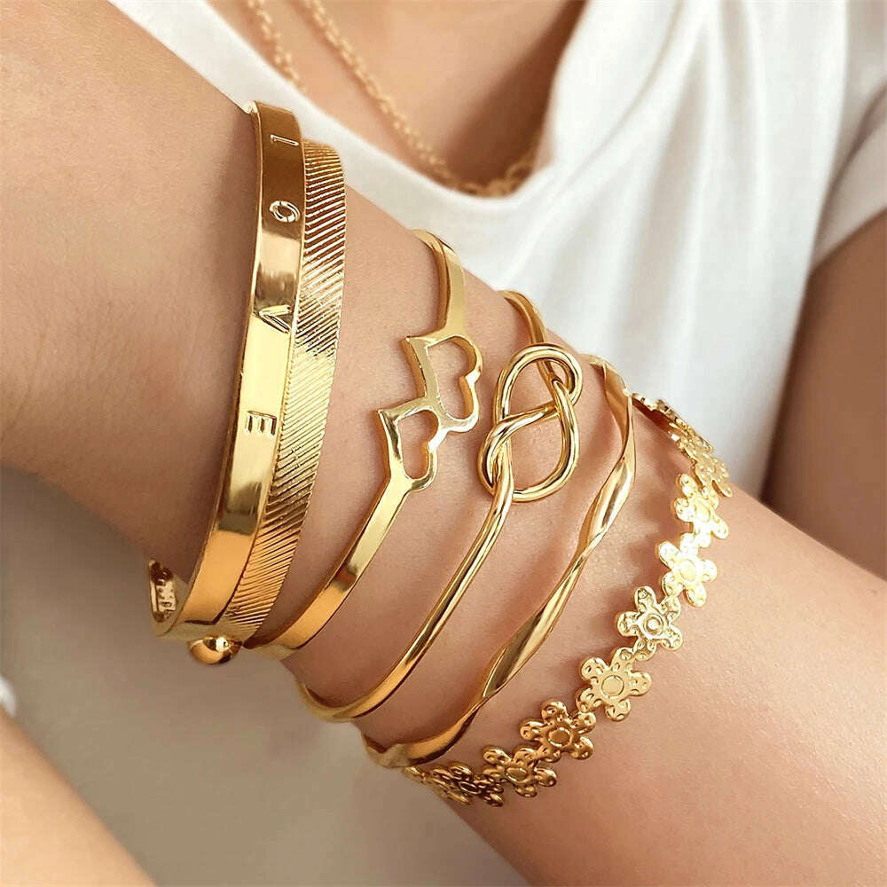 FNIO Geometric Engraved Flower Leaf Star Bracelet For Women Girl Fashion Metal Gold Color LOVE Letter Open Bracelet Bangle Gift - KIMLUD