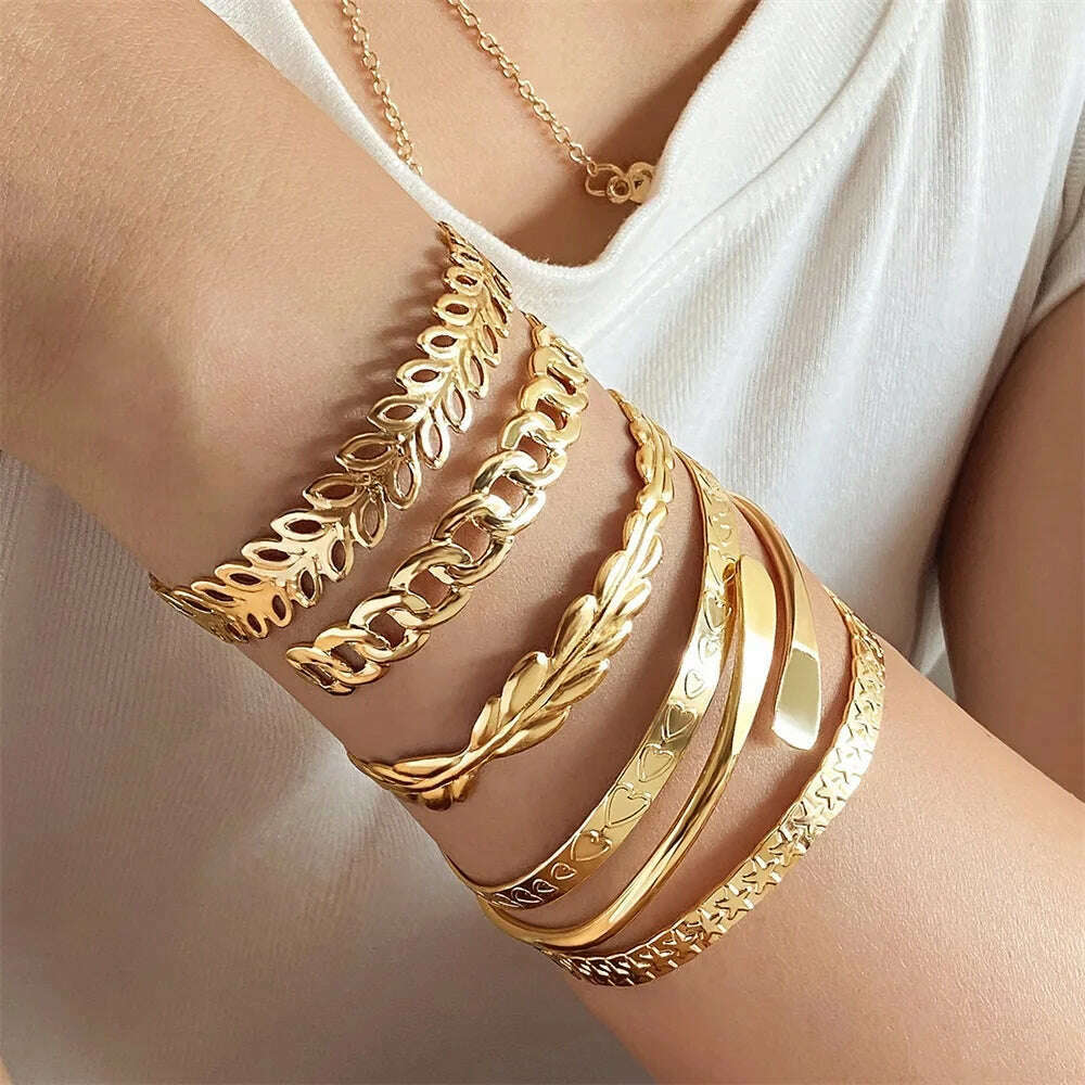 KIMLUD, FNIO Geometric Engraved Flower Leaf Star Bracelet For Women Girl Fashion Metal Gold Color LOVE Letter Open Bracelet Bangle Gift, KIMLUD Womens Clothes