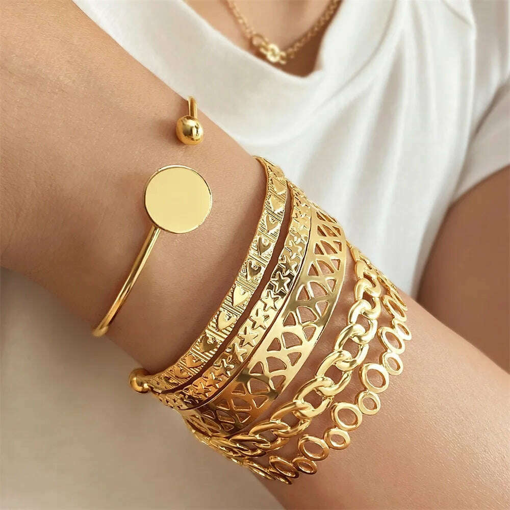 FNIO Geometric Engraved Flower Leaf Star Bracelet For Women Girl Fashion Metal Gold Color LOVE Letter Open Bracelet Bangle Gift - KIMLUD