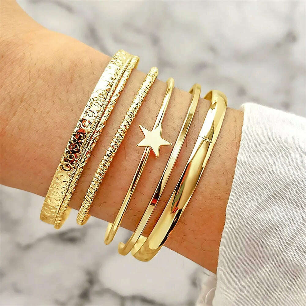 FNIO Geometric Engraved Flower Leaf Star Bracelet For Women Girl Fashion Metal Gold Color LOVE Letter Open Bracelet Bangle Gift - KIMLUD