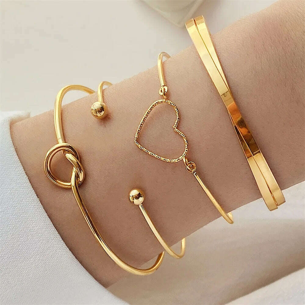 KIMLUD, FNIO Geometric Engraved Flower Leaf Star Bracelet For Women Girl Fashion Metal Gold Color LOVE Letter Open Bracelet Bangle Gift, KIMLUD Womens Clothes