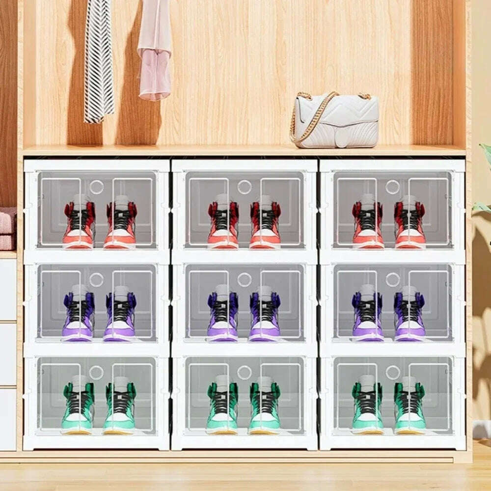 KIMLUD, Foldable Shoe Storage Box Stackable Dustproof Transparent Living Room Sneaker Cabinet For Closet Multi Layer Cubby Shoes Rack, KIMLUD Womens Clothes