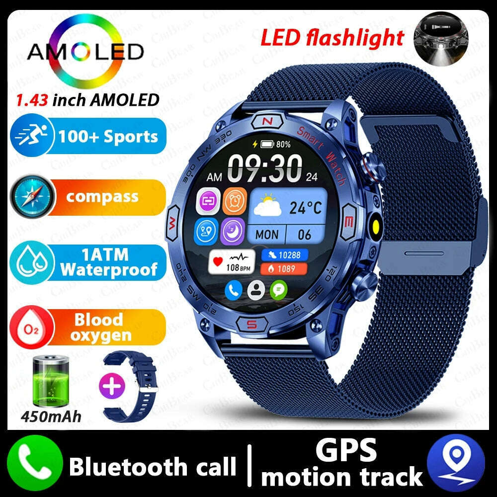 KIMLUD, For Huawei Xiaomi New AMOLED Smart Watch Men Rugged Military Bluetooth Call Heart Rate Fitness Tracker IP68Waterproof Smartwatch, Blue net / AMOLED Watch, KIMLUD APPAREL - Womens Clothes