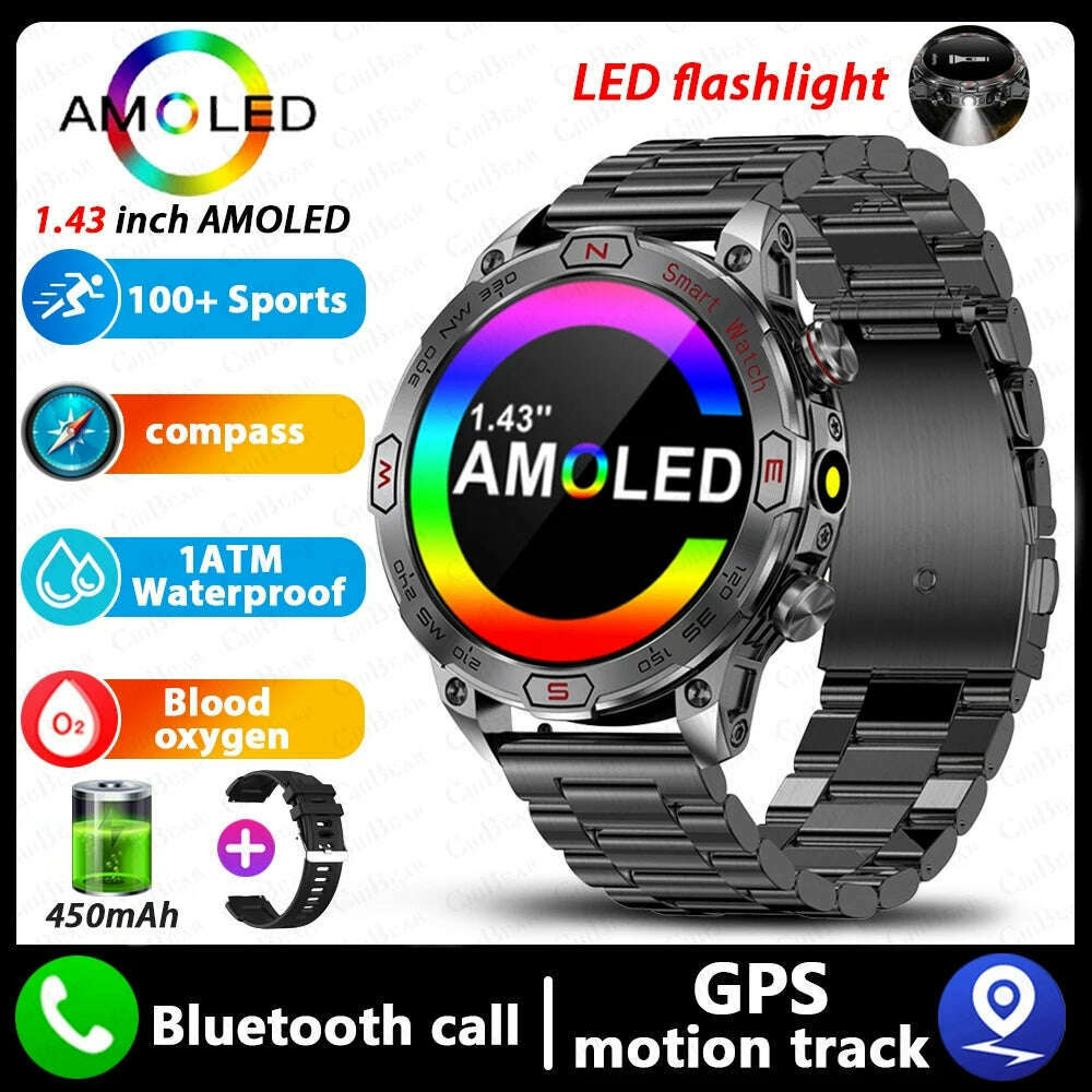 For Huawei Xiaomi New AMOLED Smart Watch Men Rugged Military Bluetooth Call Heart Rate Fitness Tracker IP68Waterproof Smartwatch - KIMLUD