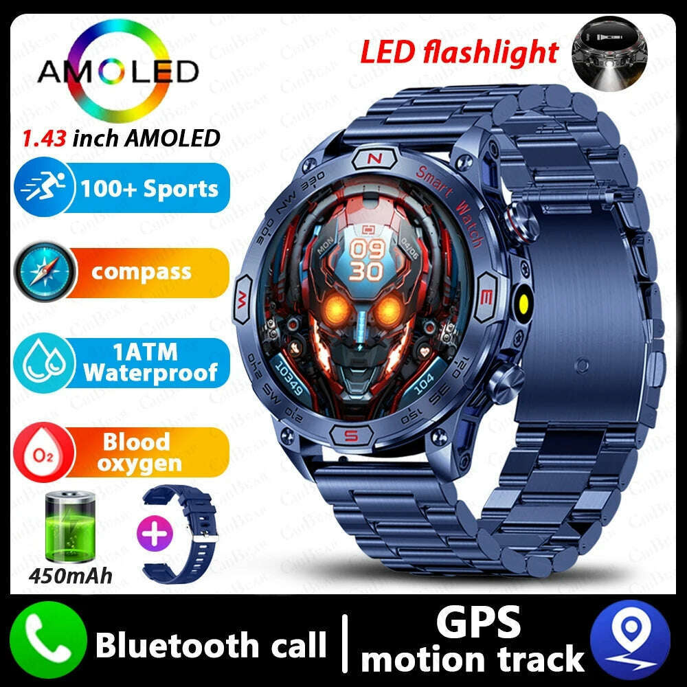 KIMLUD, For Huawei Xiaomi New AMOLED Smart Watch Men Rugged Military Bluetooth Call Heart Rate Fitness Tracker IP68Waterproof Smartwatch, Blue steel / AMOLED Watch, KIMLUD APPAREL - Womens Clothes