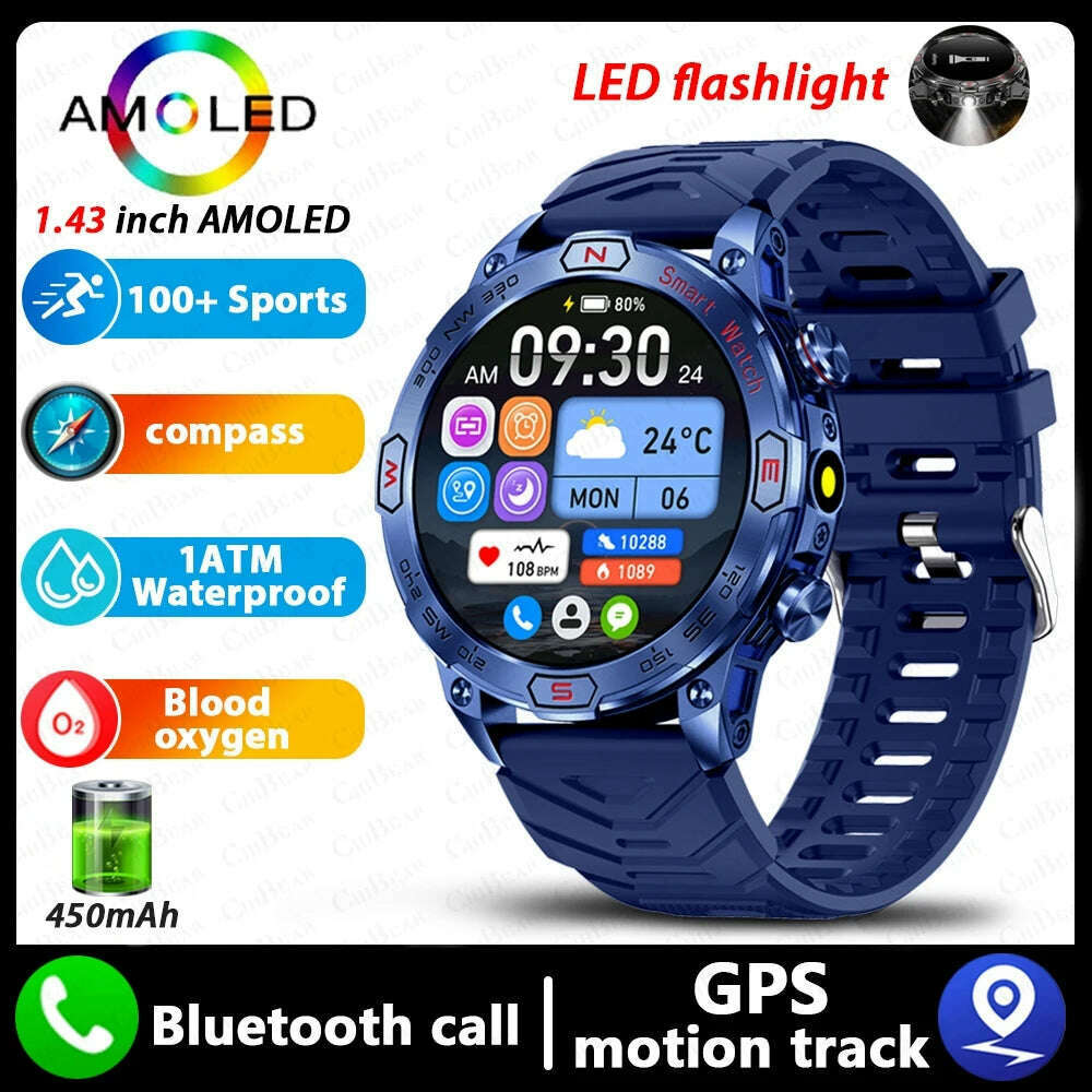 KIMLUD, For Huawei Xiaomi New AMOLED Smart Watch Men Rugged Military Bluetooth Call Heart Rate Fitness Tracker IP68Waterproof Smartwatch, Blue / AMOLED Watch, KIMLUD APPAREL - Womens Clothes