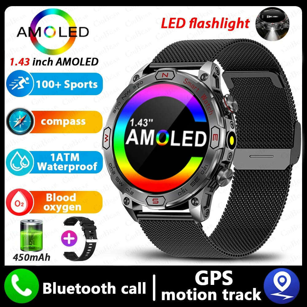 For Huawei Xiaomi New AMOLED Smart Watch Men Rugged Military Bluetooth Call Heart Rate Fitness Tracker IP68Waterproof Smartwatch - KIMLUD