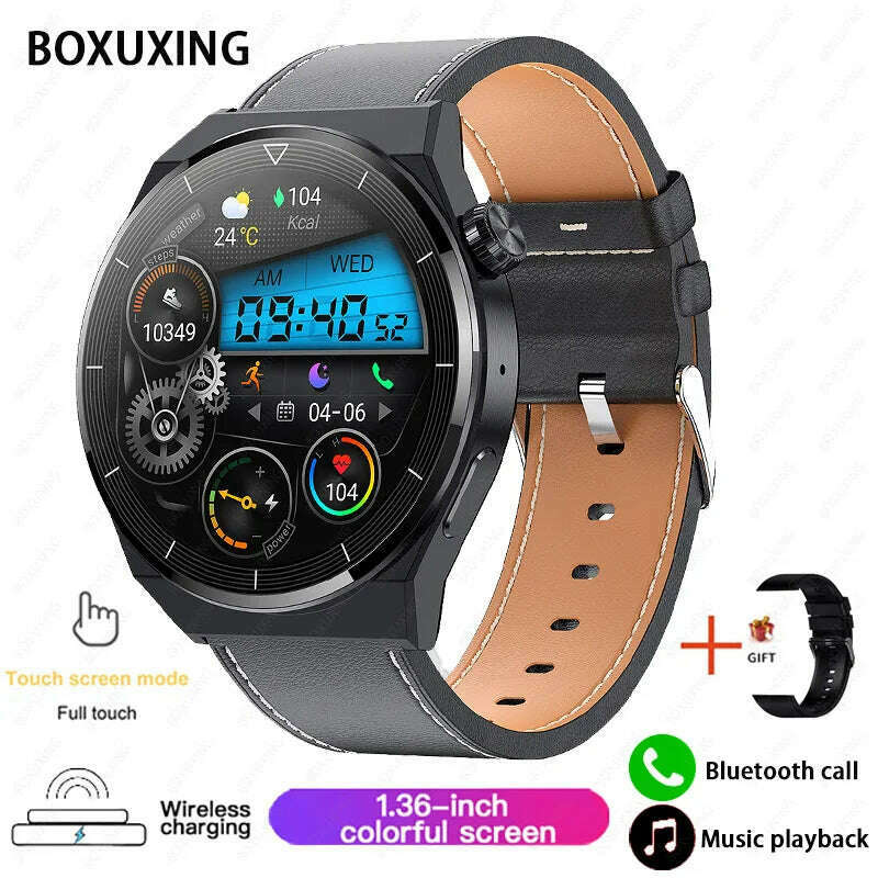 KIMLUD, For Huawei Xiaomi NFC Smart Watch Men GT3 Pro AMOLED 390*390 HD Screen Heart Rate Bluetooth Call IP68 Waterproof SmartWatch 2024, Black leather / original Smart Watch, KIMLUD APPAREL - Womens Clothes