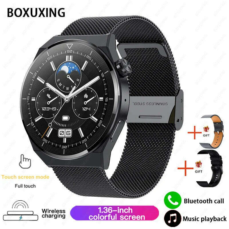 KIMLUD, For Huawei Xiaomi NFC Smart Watch Men GT3 Pro AMOLED 390*390 HD Screen Heart Rate Bluetooth Call IP68 Waterproof SmartWatch 2024, Black mesh belt / original Smart Watch, KIMLUD APPAREL - Womens Clothes