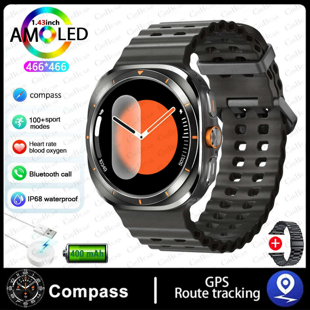 KIMLUD, For Samsung Galaxy Watch Ultra NFC GPS Track Compass Smart Watch Men 1.43 Inch AMOLED Always Display Screen BT Call Smartwatch, Black steel, KIMLUD APPAREL - Womens Clothes