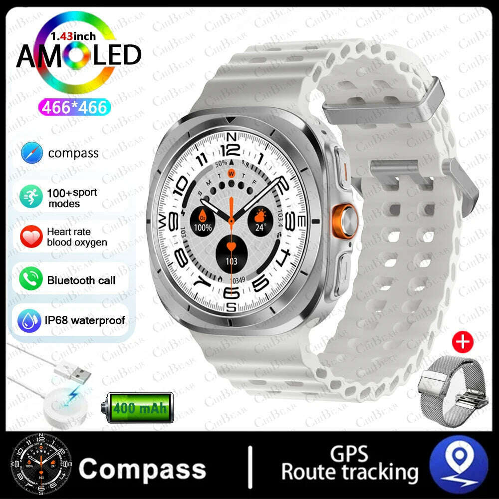 KIMLUD, For Samsung Galaxy Watch Ultra NFC GPS Track Compass Smart Watch Men 1.43 Inch AMOLED Always Display Screen BT Call Smartwatch, Silver net, KIMLUD APPAREL - Womens Clothes