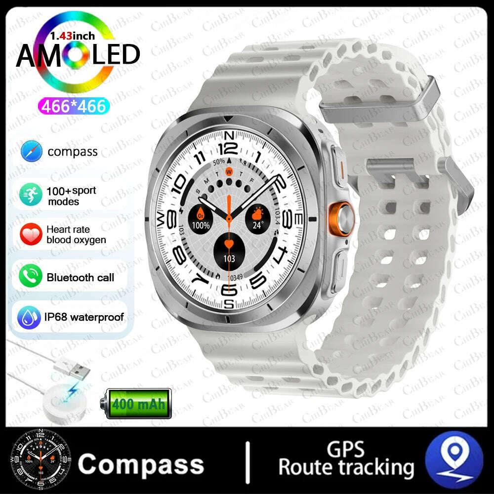 KIMLUD, For Samsung Galaxy Watch Ultra NFC GPS Track Compass Smart Watch Men 1.43 Inch AMOLED Always Display Screen BT Call Smartwatch, White Silicone Belt, KIMLUD APPAREL - Womens Clothes