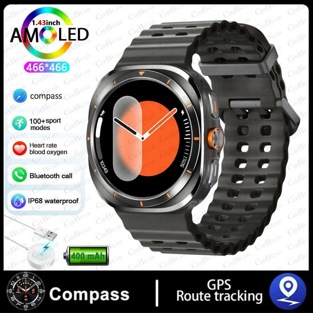 KIMLUD, For Samsung Galaxy Watch Ultra NFC GPS Track Compass Smart Watch Men 1.43 Inch AMOLED Always Display Screen BT Call Smartwatch, Black Silicone Belt, KIMLUD APPAREL - Womens Clothes