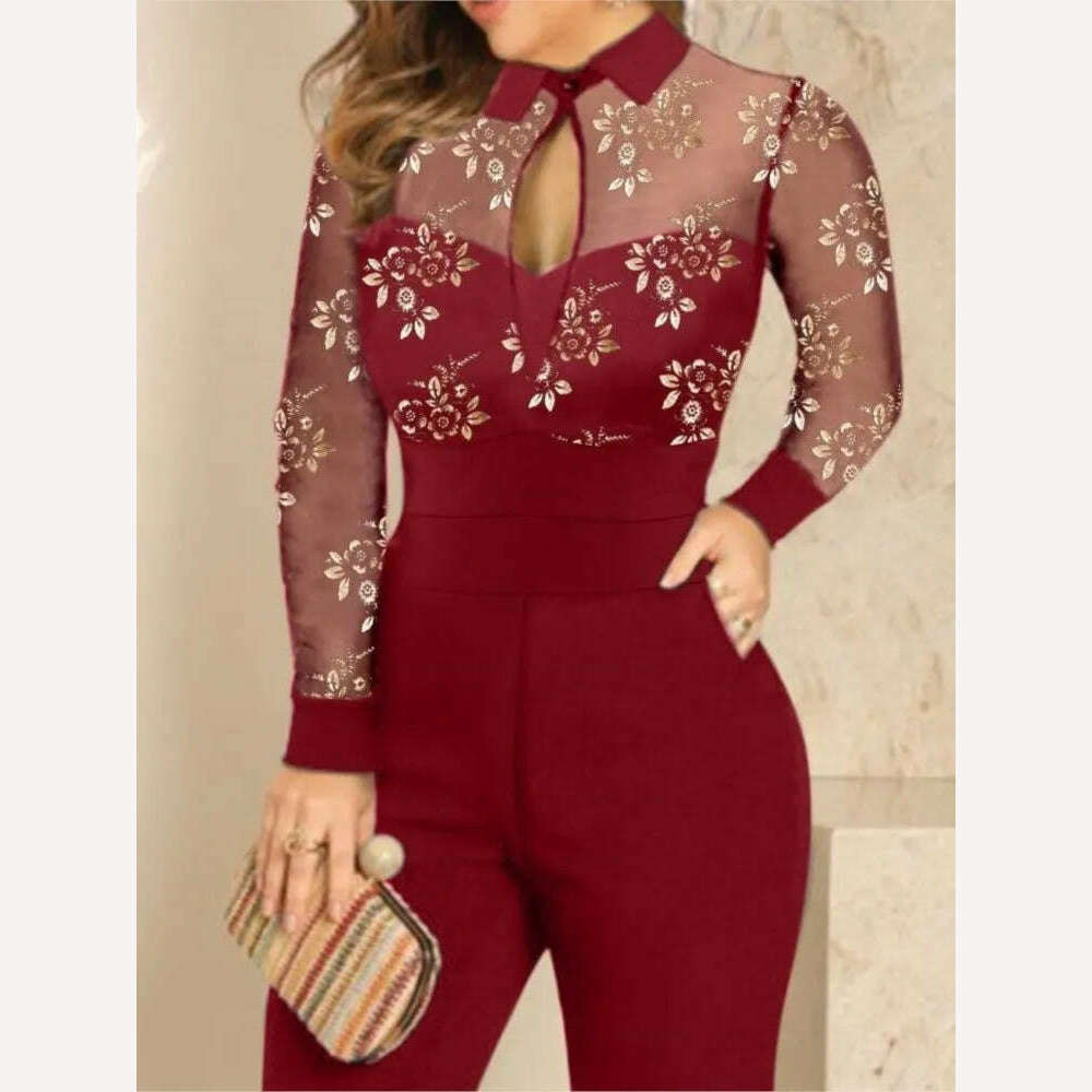 For Women's Spring Autumn New Long Sleeve Lace Printed Jumpsuit Pants Fashion Slim Waist Elegant Female Lace Jumpsuit Long Pants - KIMLUD