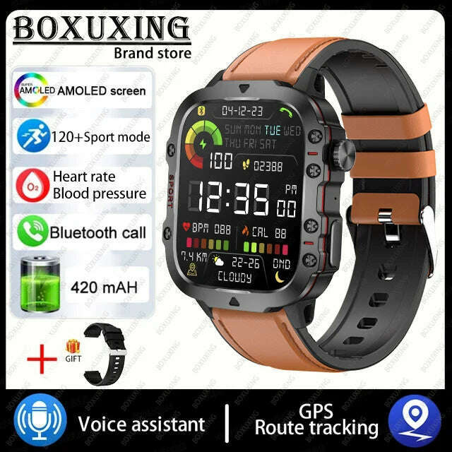 KIMLUD, For Xiaomi Rugged Military GPS Smart Watch Men AMOLED HD Screen Heart Rate Bluetooth Call Waterproof Outdoor SmartWatch 2024 New, Belt brown / Outdoor Sports Watch, KIMLUD APPAREL - Womens Clothes