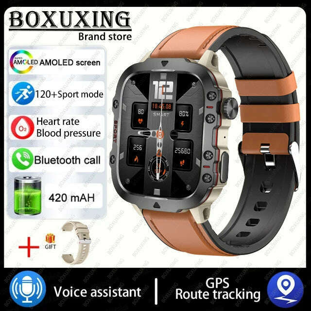 KIMLUD, For Xiaomi Rugged Military GPS Smart Watch Men AMOLED HD Screen Heart Rate Bluetooth Call Waterproof Outdoor SmartWatch 2024 New, Belt brown 1 / Outdoor Sports Watch, KIMLUD APPAREL - Womens Clothes