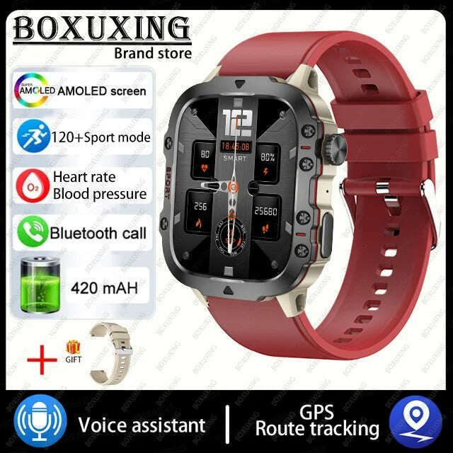 KIMLUD, For Xiaomi Rugged Military GPS Smart Watch Men AMOLED HD Screen Heart Rate Bluetooth Call Waterproof Outdoor SmartWatch 2024 New, Red silicone 1 / Outdoor Sports Watch, KIMLUD APPAREL - Womens Clothes