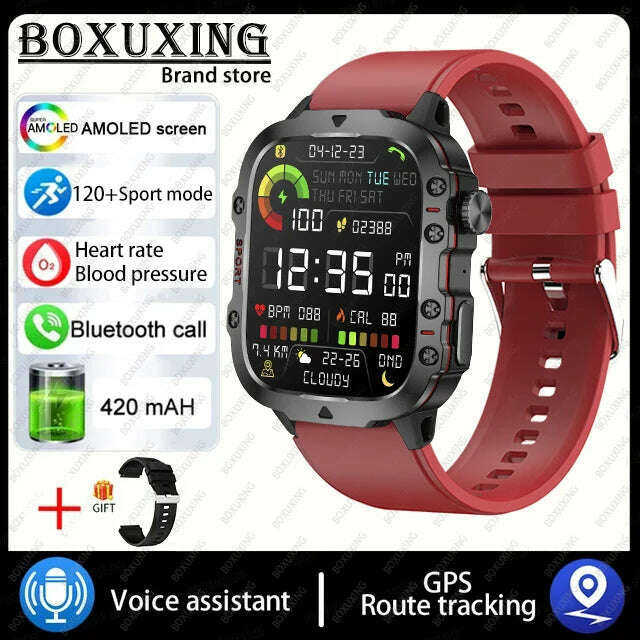 KIMLUD, For Xiaomi Rugged Military GPS Smart Watch Men AMOLED HD Screen Heart Rate Bluetooth Call Waterproof Outdoor SmartWatch 2024 New, Red silicone / Outdoor Sports Watch, KIMLUD APPAREL - Womens Clothes