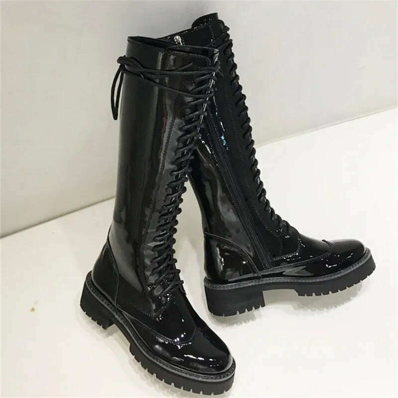 KIMLUD, Fornihapfirafs Sexy Women Knee High Boots Black Leather Front Lace Up Side Zipper Platform Stacked Heels Woman Long Boots Shoes, KIMLUD Womens Clothes