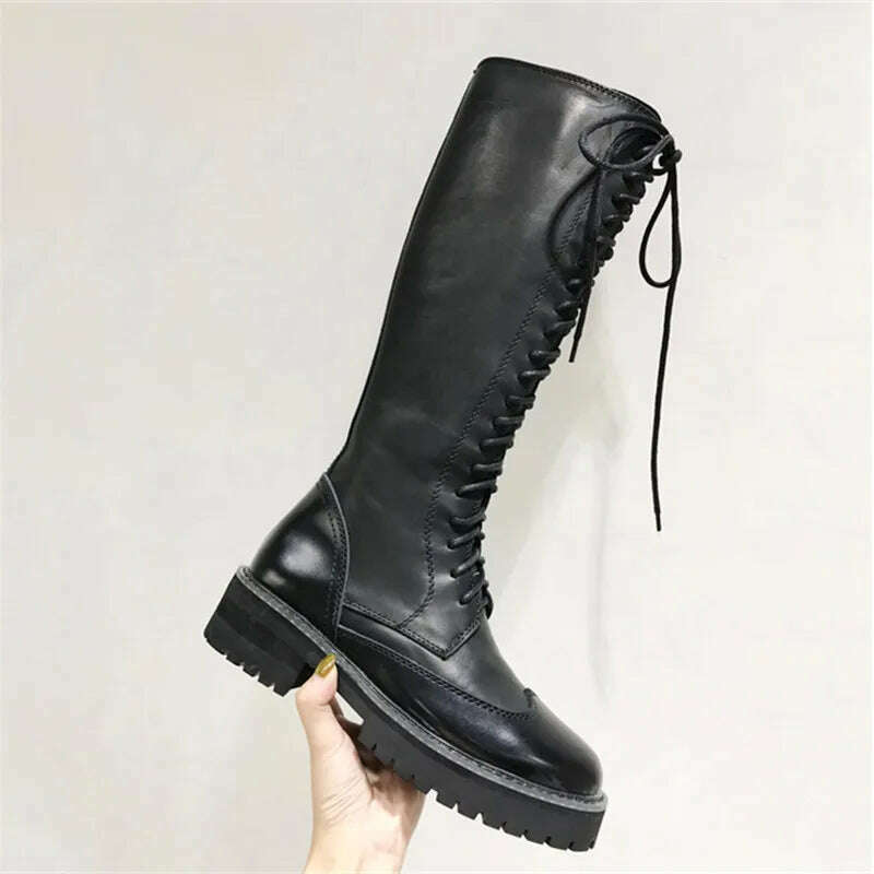 KIMLUD, Fornihapfirafs Sexy Women Knee High Boots Black Leather Front Lace Up Side Zipper Platform Stacked Heels Woman Long Boots Shoes, as pic 1 / 4, KIMLUD APPAREL - Womens Clothes