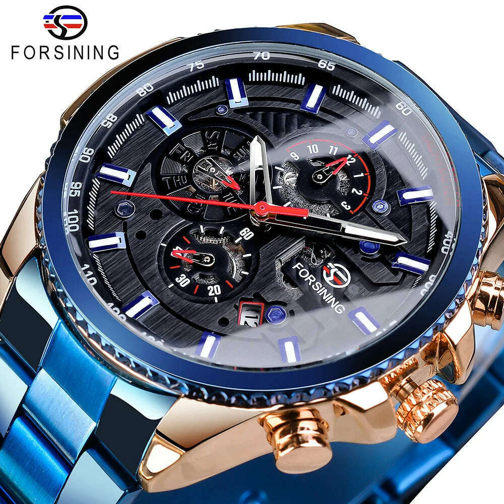 KIMLUD, Forsining 2019 3 Dial Calendar Multifunction Military Luminous Hand Mens Mechanical Sport Automatic Wrist Watch Top Brand Luxury, GMT1137-14 / CHINA, KIMLUD APPAREL - Womens Clothes