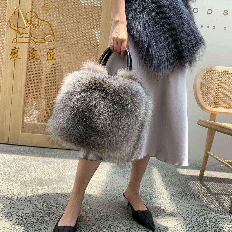 KIMLUD, Fox Fur Bag Handbag Ladies Bag Purses And Handbags Fluffy Warm bag Single Shoulder Crossbody Bags Silver Fox Fur Lady Clutch Bag, KIMLUD Womens Clothes