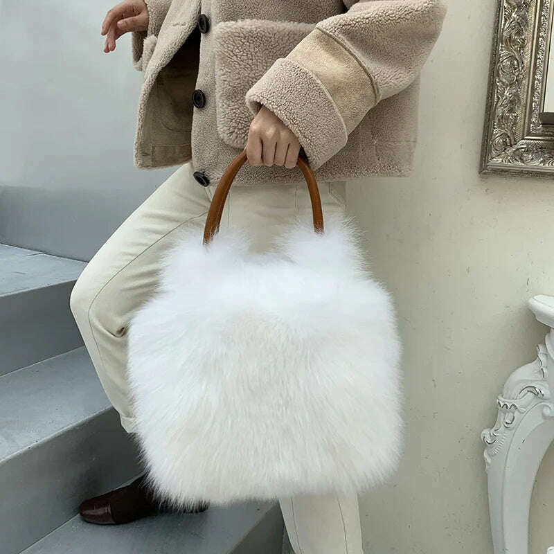 KIMLUD, Fox Fur Bag Handbag Ladies Bag Purses And Handbags Fluffy Warm bag Single Shoulder Crossbody Bags Silver Fox Fur Lady Clutch Bag, KIMLUD Womens Clothes