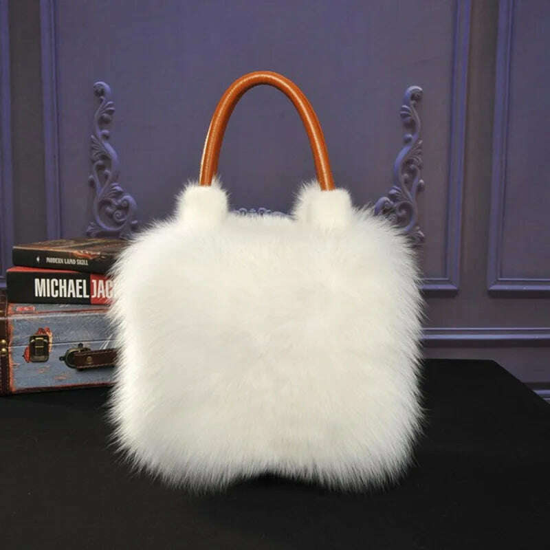 KIMLUD, Fox Fur Bag Handbag Ladies Bag Purses And Handbags Fluffy Warm bag Single Shoulder Crossbody Bags Silver Fox Fur Lady Clutch Bag, KIMLUD Womens Clothes