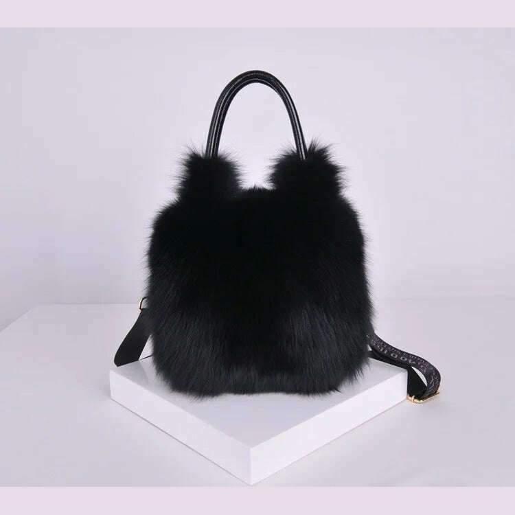 KIMLUD, Fox Fur Bag Handbag Ladies Bag Purses And Handbags Fluffy Warm bag Single Shoulder Crossbody Bags Silver Fox Fur Lady Clutch Bag, Black, KIMLUD APPAREL - Womens Clothes