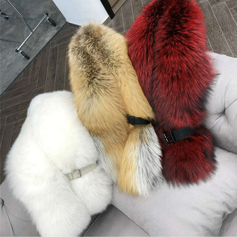 KIMLUD, Fox Fur Scarf Luxury Genuine Big Fur Collar Whole Skin Solid Scarves With leather strap Women's Neck Warm Natural Fox Fur Shawl, KIMLUD Womens Clothes