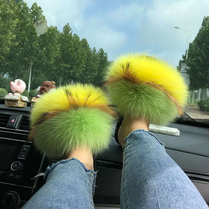 KIMLUD, Fox Fur Slippers Women Summer Furry Home Outdoor Flat Sandals Casual Boys Raccoon Slides High Quality Luxury Flip Flops Shoes, 11(44-45) / raccoon dog hair 1, KIMLUD APPAREL - Womens Clothes