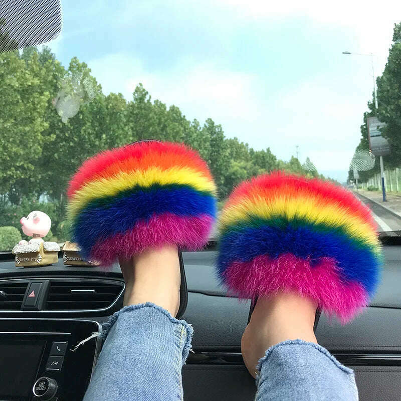 KIMLUD, Fox Fur Slippers Women Summer Furry Home Outdoor Flat Sandals Casual Boys Raccoon Slides High Quality Luxury Flip Flops Shoes, 11(44-45) / Colorful B, KIMLUD APPAREL - Womens Clothes