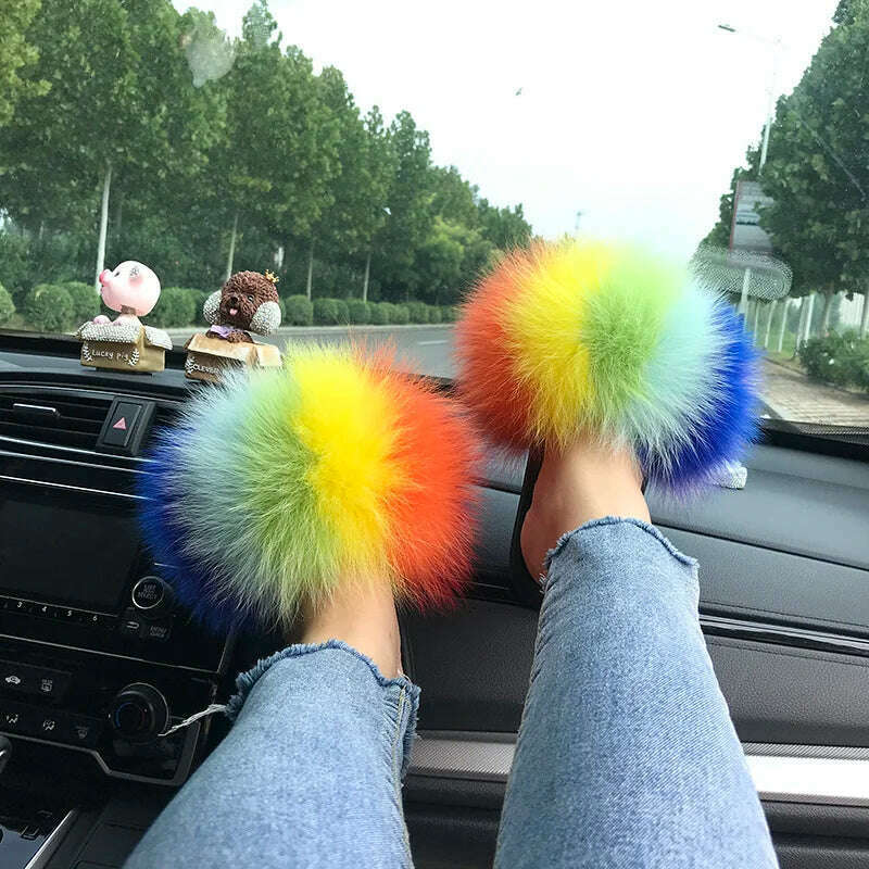 KIMLUD, Fox Fur Slippers Women Summer Furry Home Outdoor Flat Sandals Casual Boys Raccoon Slides High Quality Luxury Flip Flops Shoes, 11(44-45) / seven Color, KIMLUD APPAREL - Womens Clothes