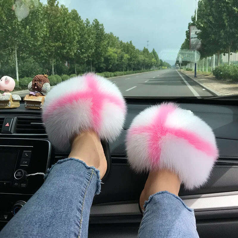 KIMLUD, Fox Fur Slippers Women Summer Furry Home Outdoor Flat Sandals Casual Boys Raccoon Slides High Quality Luxury Flip Flops Shoes, 11(44-45) / White cross powder, KIMLUD APPAREL - Womens Clothes