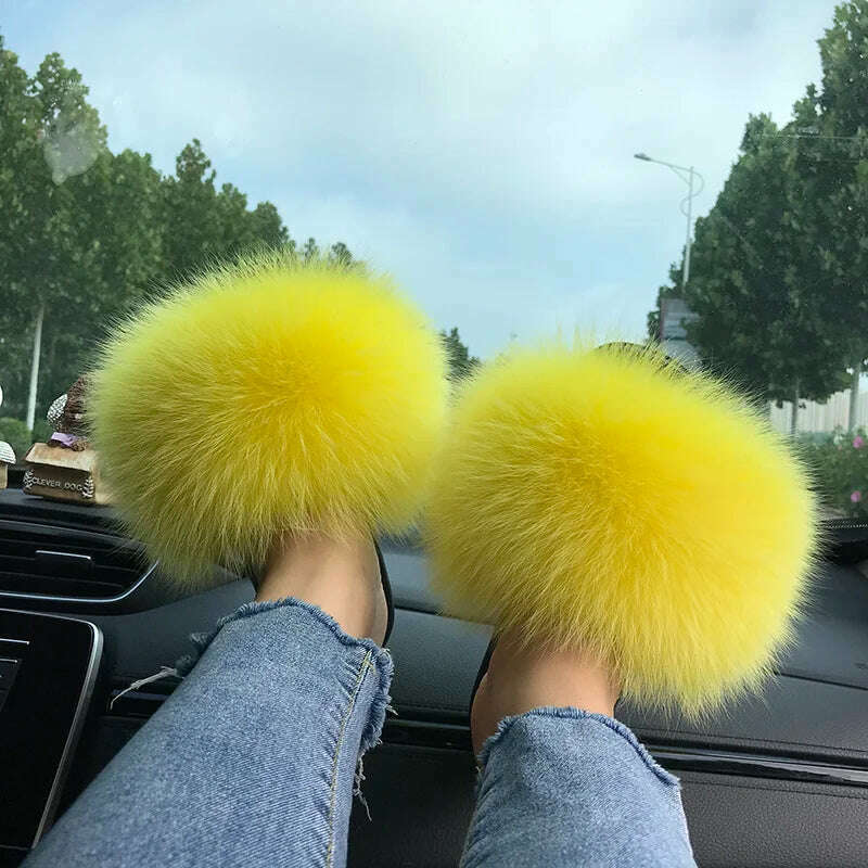 KIMLUD, Fox Fur Slippers Women Summer Furry Home Outdoor Flat Sandals Casual Boys Raccoon Slides High Quality Luxury Flip Flops Shoes, KIMLUD Womens Clothes