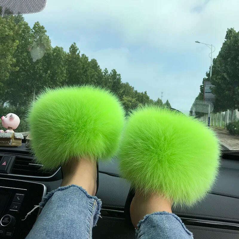 KIMLUD, Fox Fur Slippers Women Summer Furry Home Outdoor Flat Sandals Casual Boys Raccoon Slides High Quality Luxury Flip Flops Shoes, KIMLUD Womens Clothes