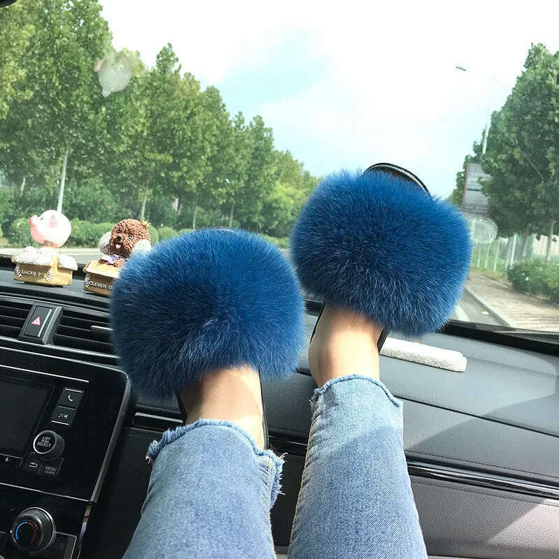 KIMLUD, Fox Fur Slippers Women Summer Furry Home Outdoor Flat Sandals Casual Boys Raccoon Slides High Quality Luxury Flip Flops Shoes, KIMLUD Womens Clothes