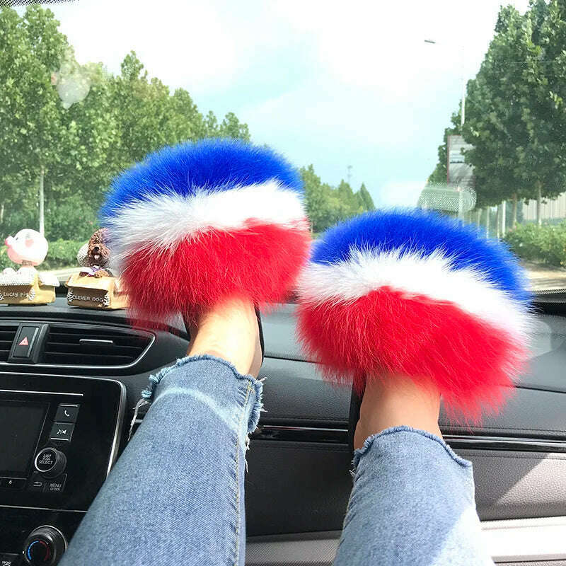 KIMLUD, Fox Fur Slippers Women Summer Furry Home Outdoor Flat Sandals Casual Boys Raccoon Slides High Quality Luxury Flip Flops Shoes, KIMLUD Womens Clothes