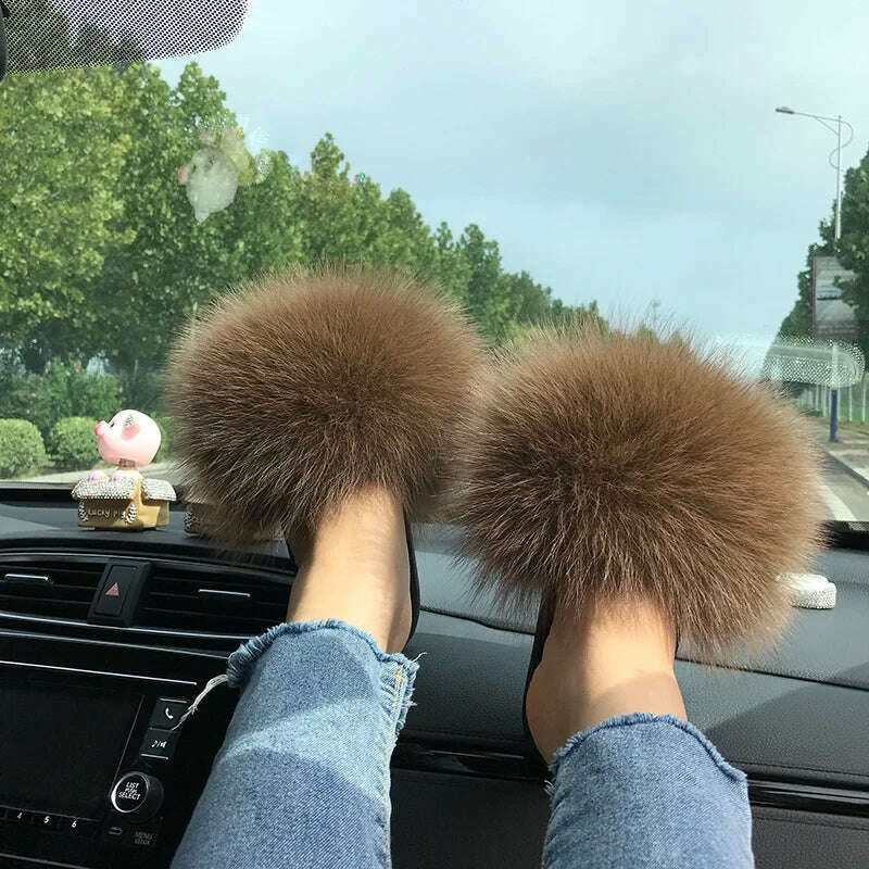 KIMLUD, Fox Fur Slippers Women Summer Furry Home Outdoor Flat Sandals Casual Boys Raccoon Slides High Quality Luxury Flip Flops Shoes, KIMLUD Womens Clothes