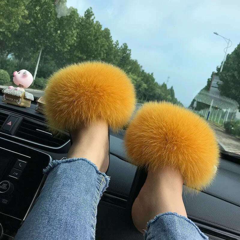 KIMLUD, Fox Fur Slippers Women Summer Furry Home Outdoor Flat Sandals Casual Boys Raccoon Slides High Quality Luxury Flip Flops Shoes, KIMLUD Womens Clothes